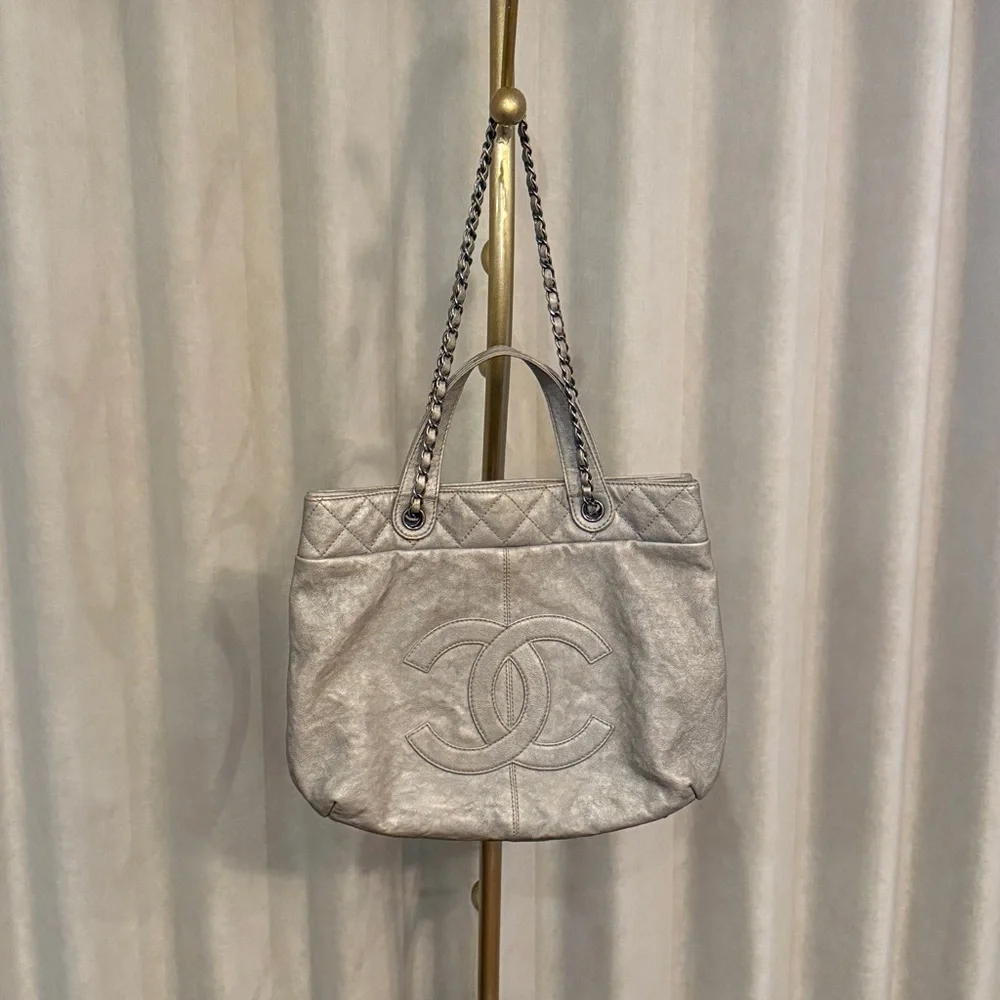 CHANEL CC GHW 2 Way Chain Shoulder Bag Calfskin Leather in Grey